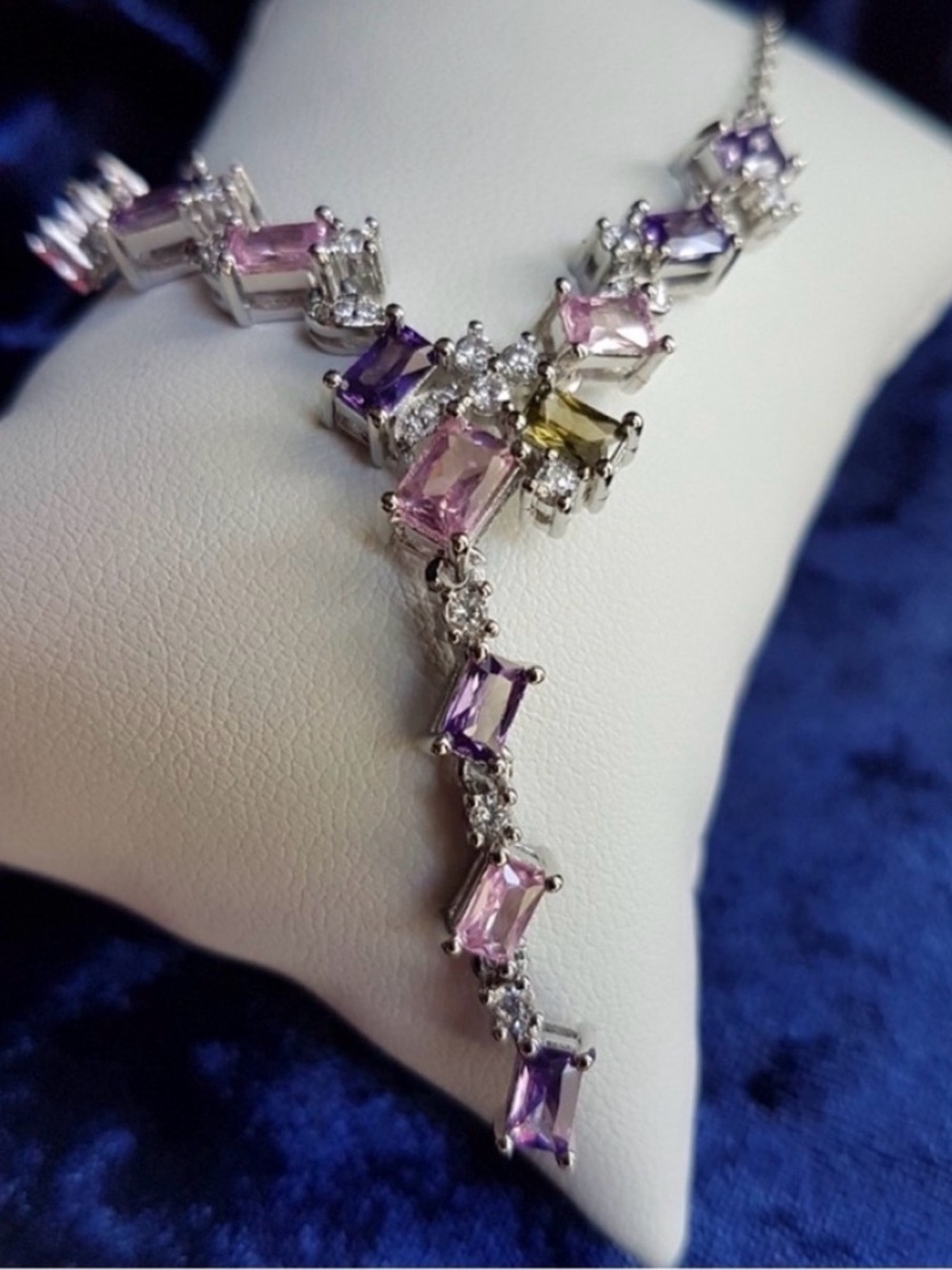 Swarovski Elements Platinum Multicolor Pink & Purple Gem Geometric Necklace NEW